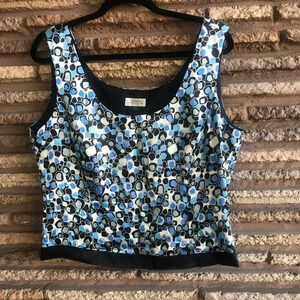 Tahari Arthur S Levine Turquoise Blue Black Patterned 100% Silk Tank Top
